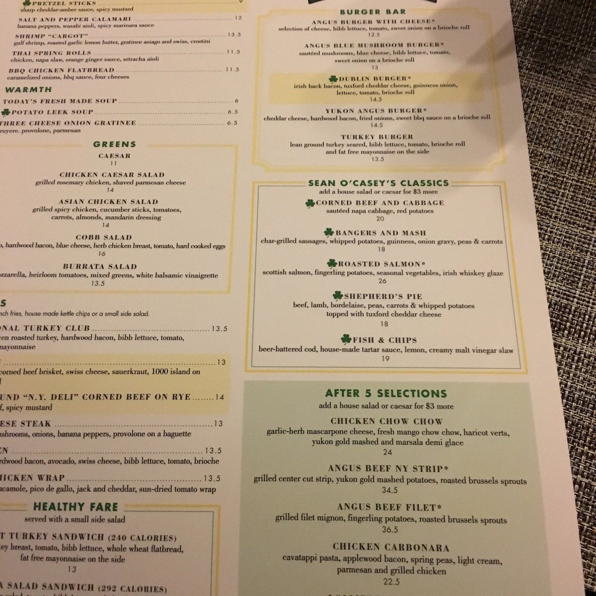 O Casey's Irish Pub & Restaurant Menu Prices