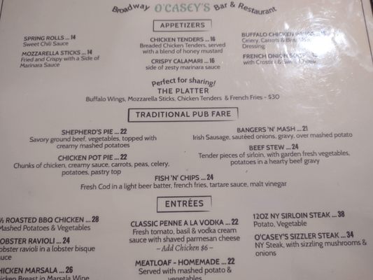 O Casey's Irish Pub & Restaurant Menu
