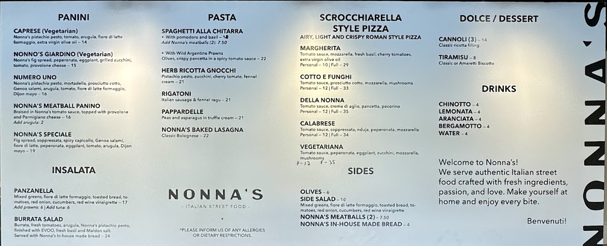 Nonna's Cucina Menu