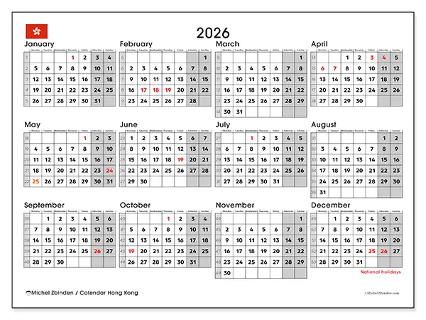 2026 Calendar With Holidays Hong Kong Printable