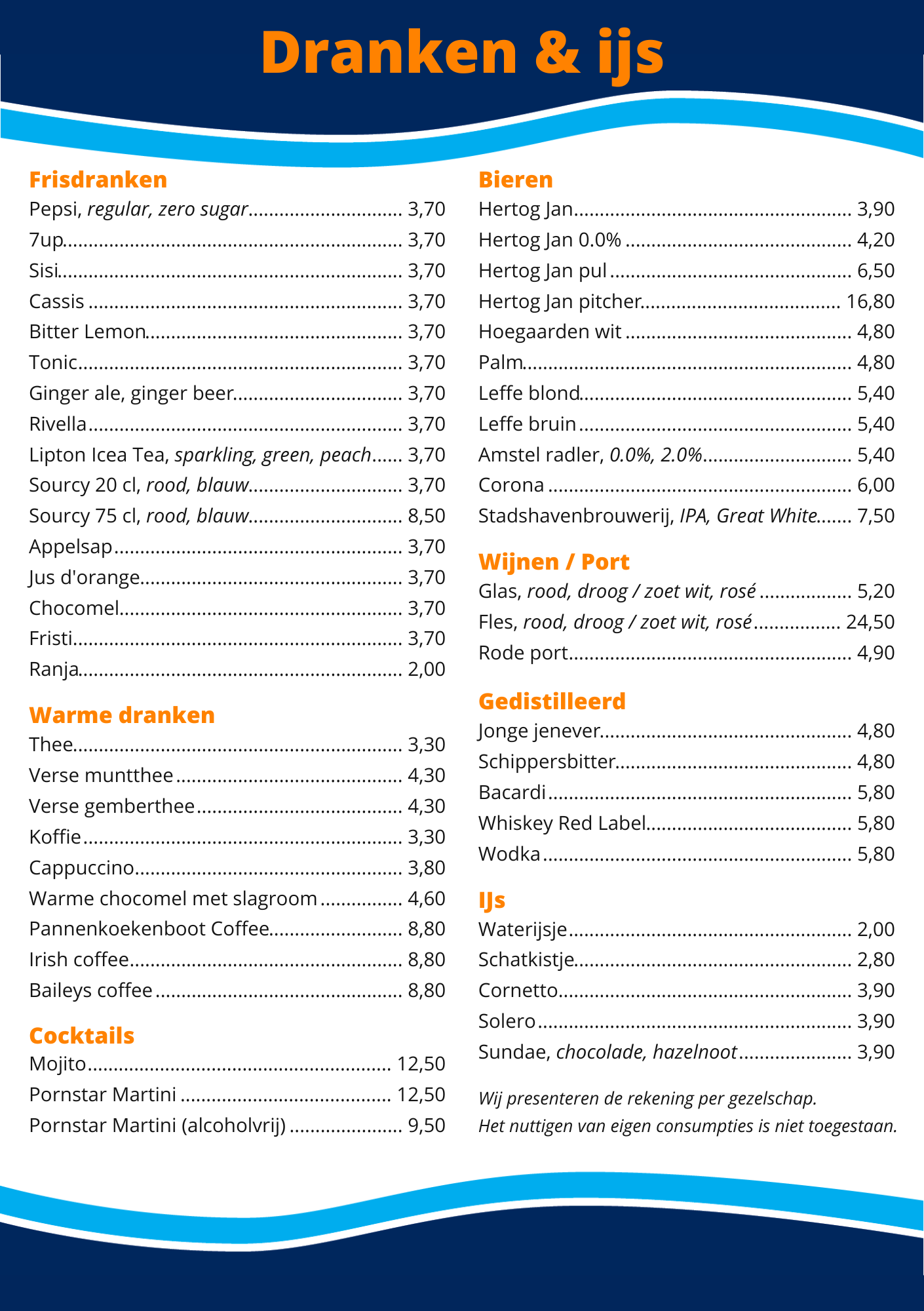 Pannenkoekenboot Rotterdam Menu