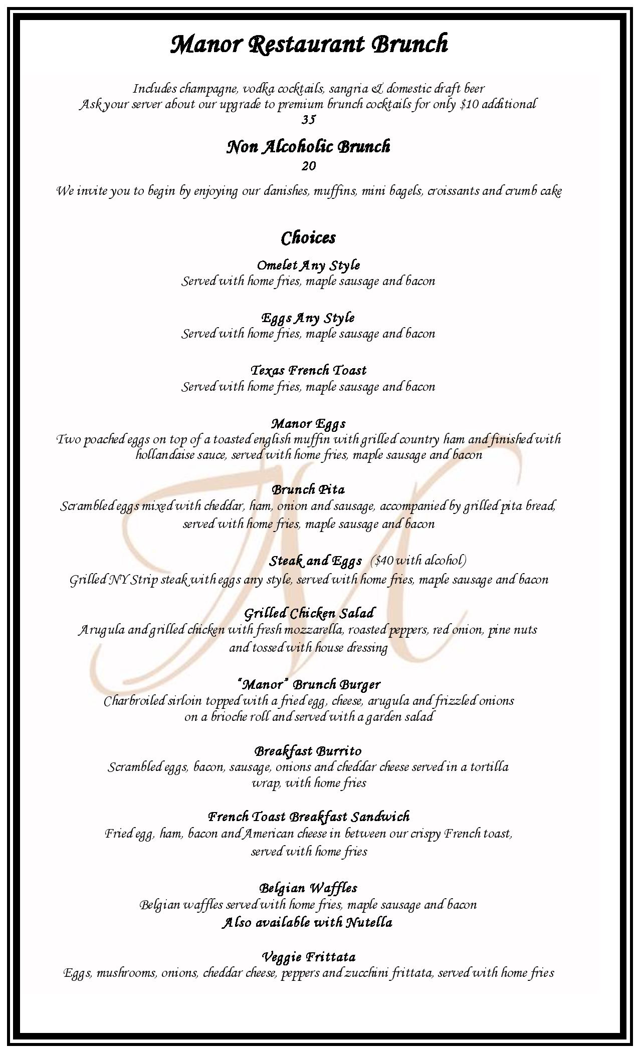 The Manor Breakfast Menu