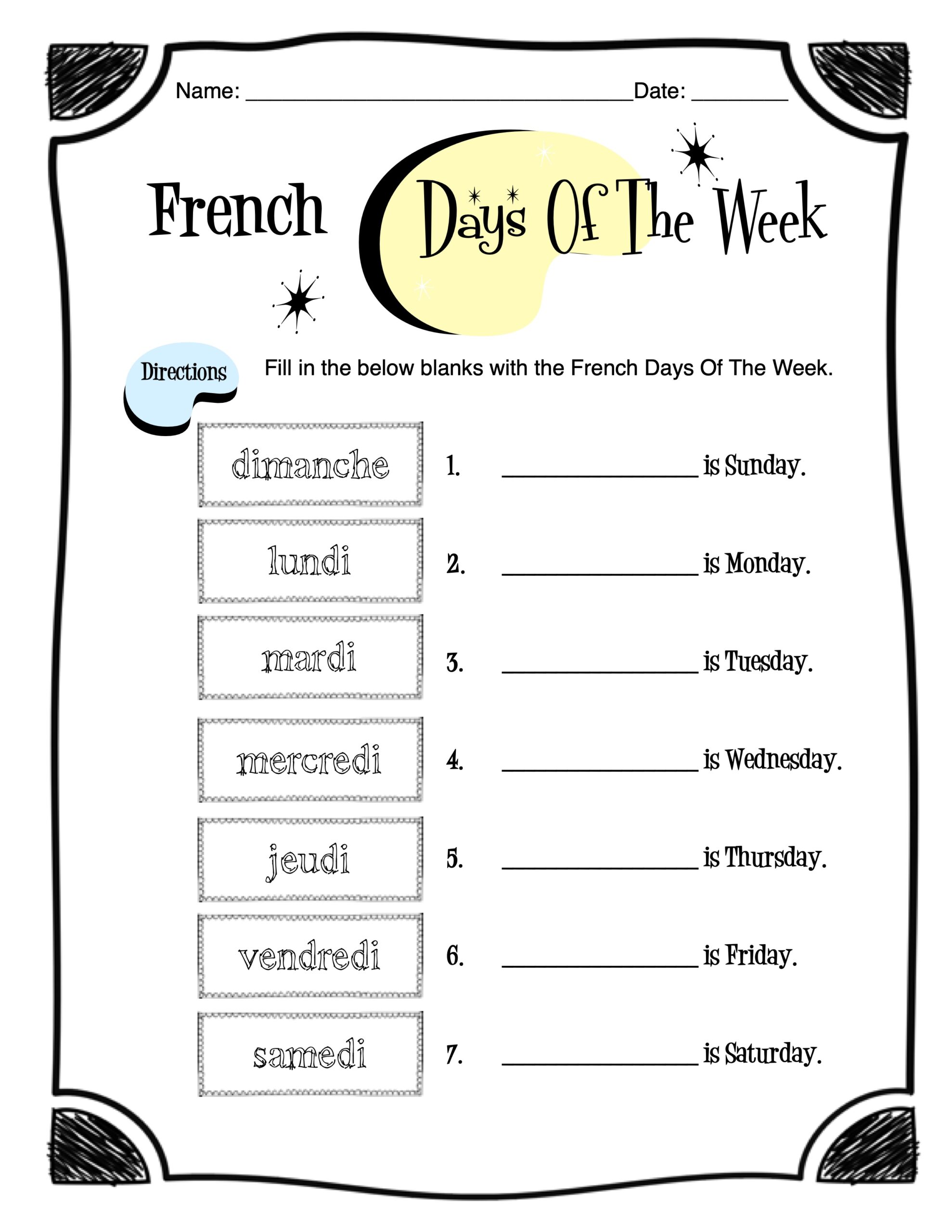 French Days Of The Week Worksheet