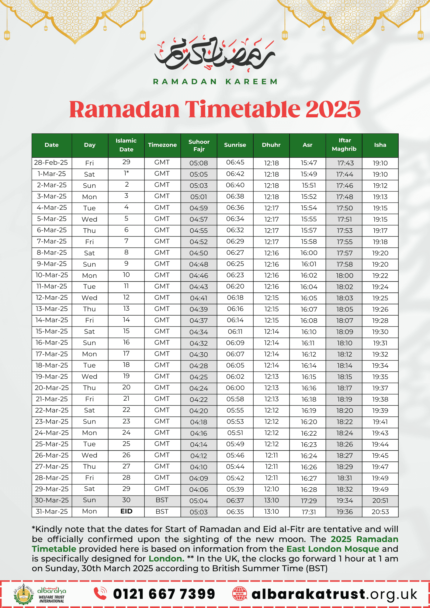 Ramadan 2025 Timetable