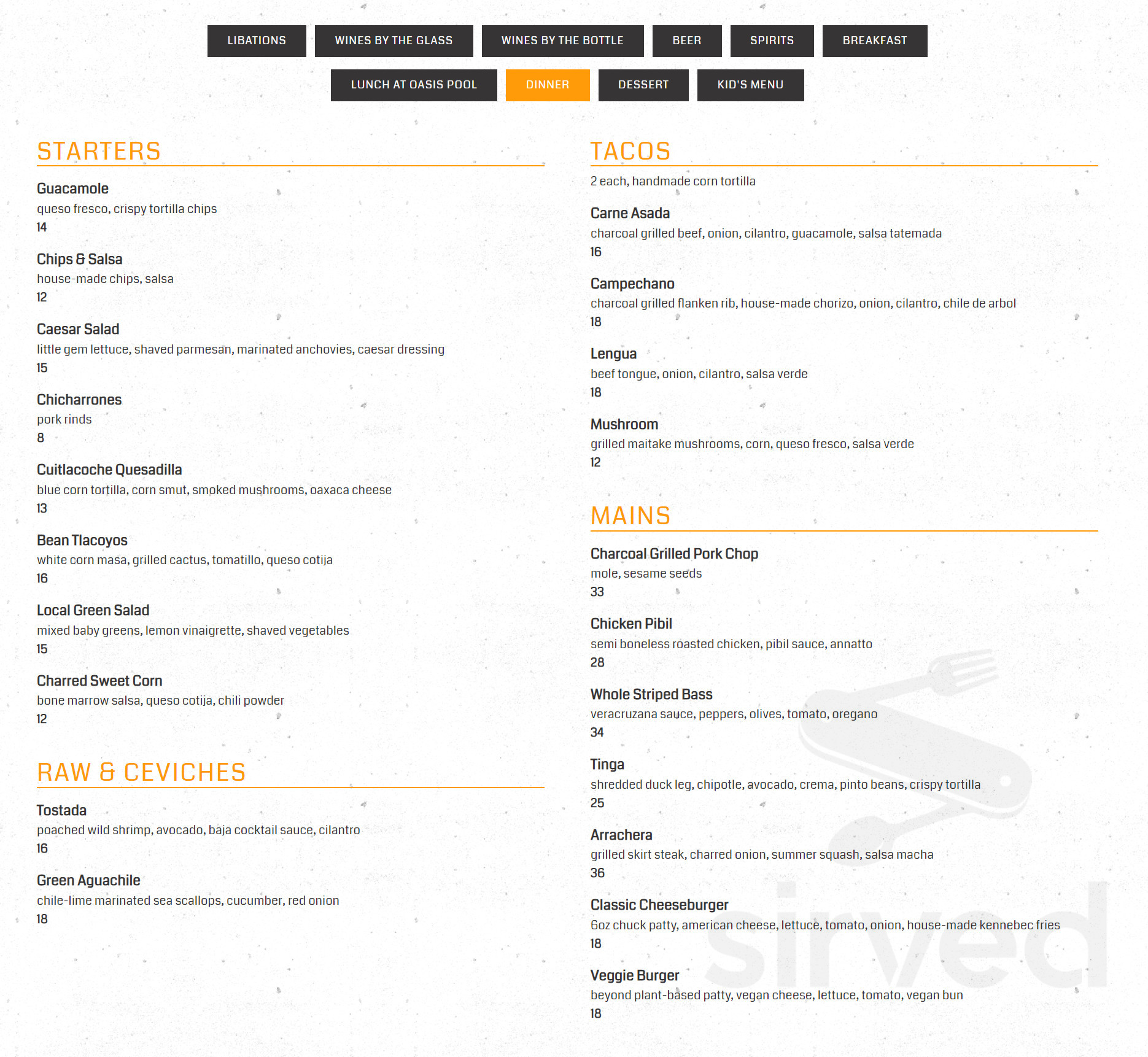 Valencia's At The Viv Menu