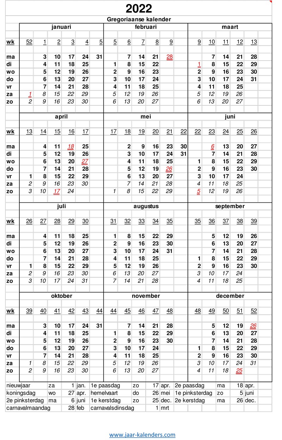 Hoeveel Weken Heeft Een Jaar Kalender 2022