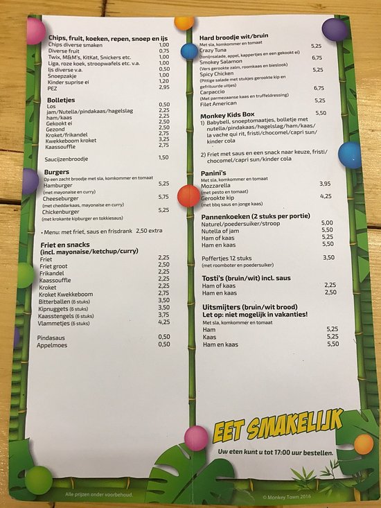 Monkey Town Ijsselstein Menu