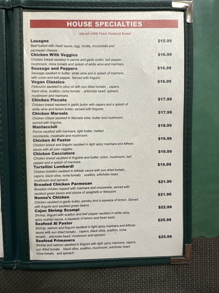 Nonna's Menu With Prices Pdf
