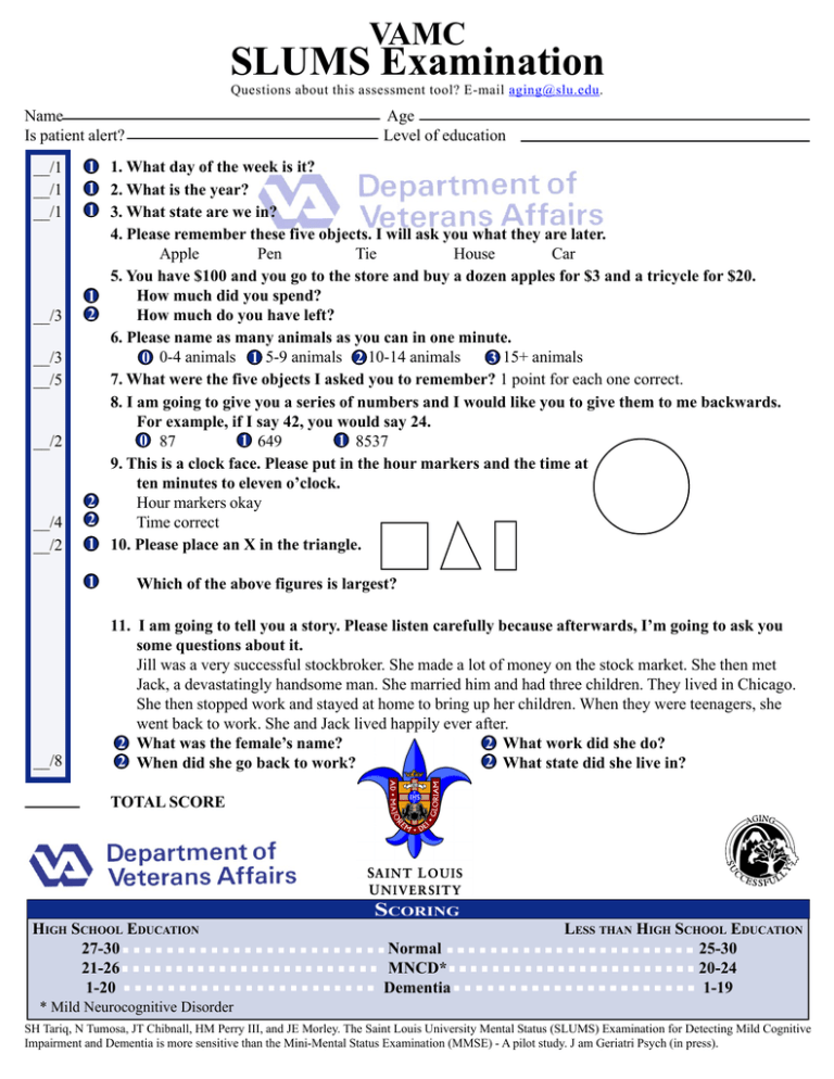 SLUMS test dementia: free PDF, scoring & meaning