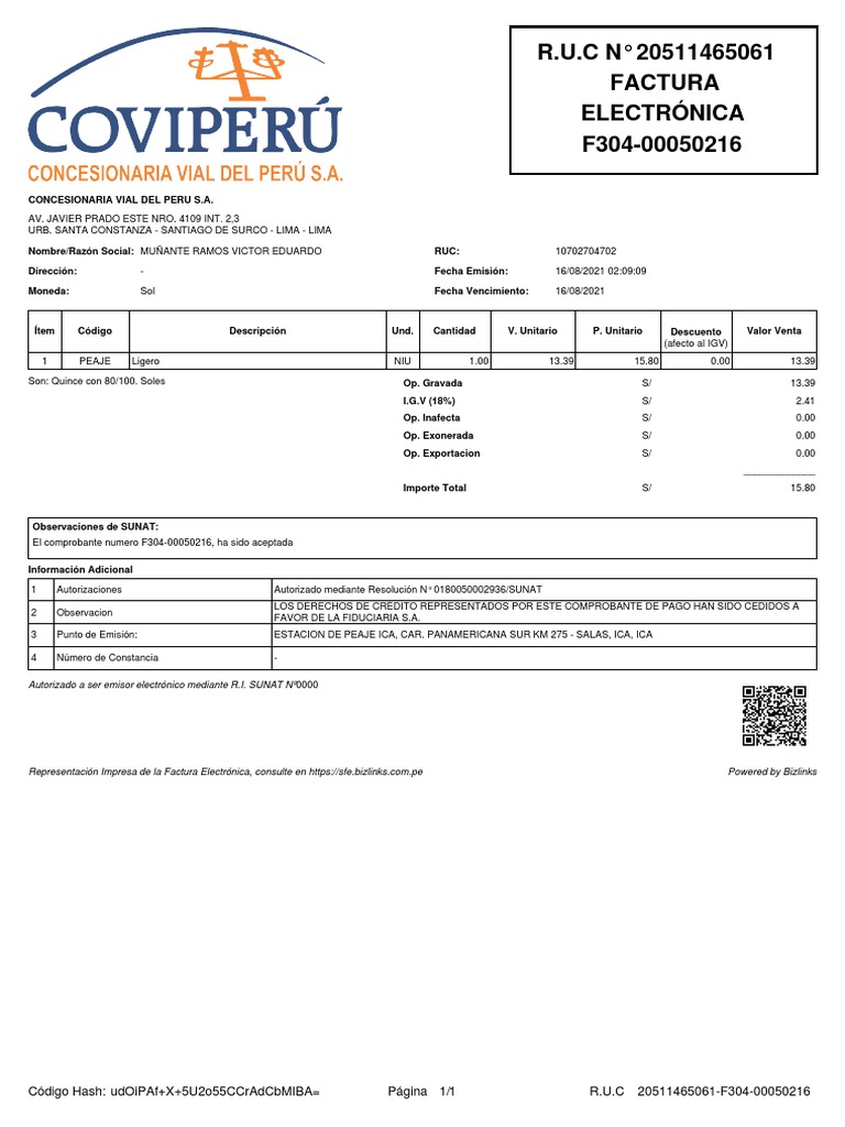 Concesionaria Vial Del Perú Factura ELECTRÓNICA