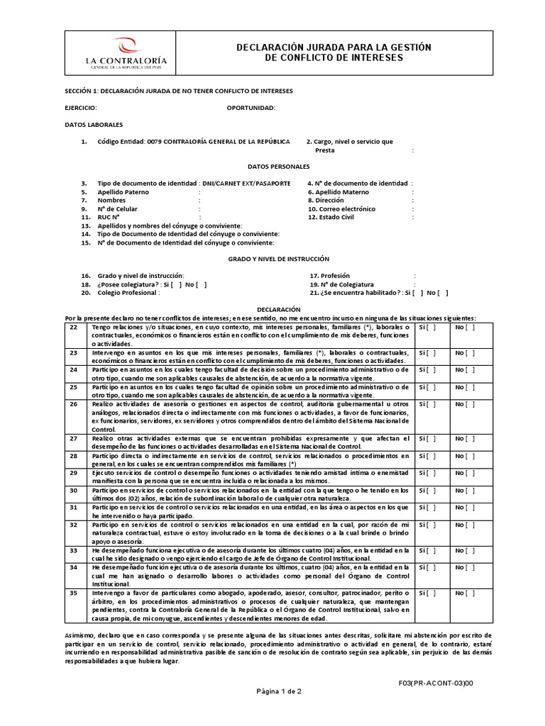 Declaración Jurada De Intereses Contraloria