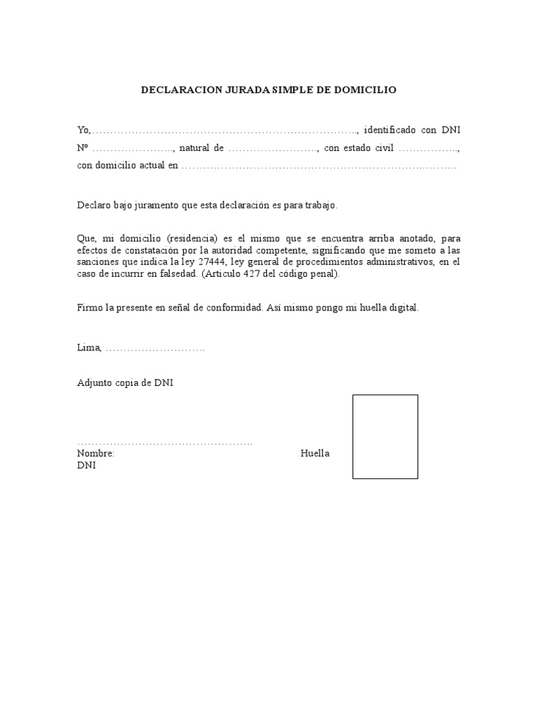 Declaracion Jurada Simple De Domicilio