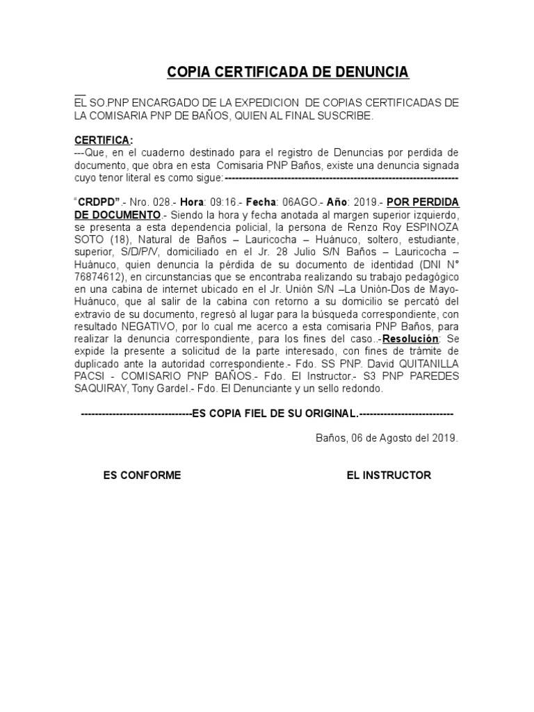 Denuncia Por Perdida De Dni