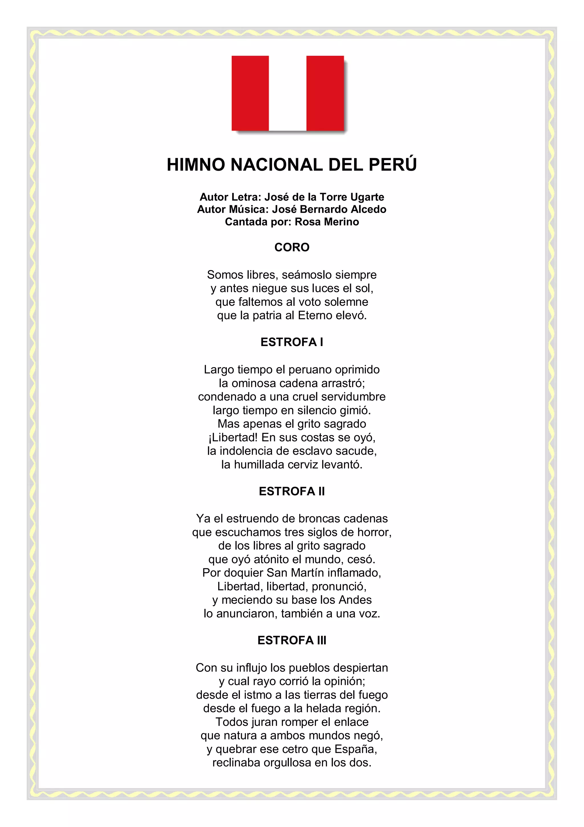 Himno Nacional Del Perú Letra Original
