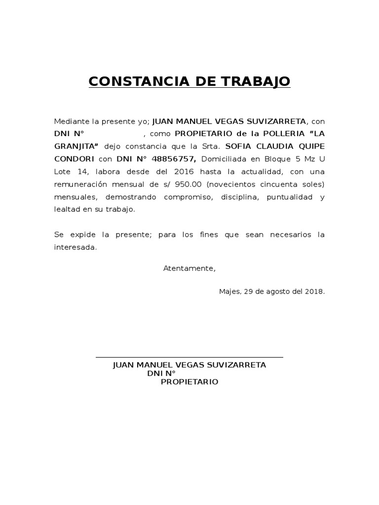 Modelo De Constancia De Trabajo