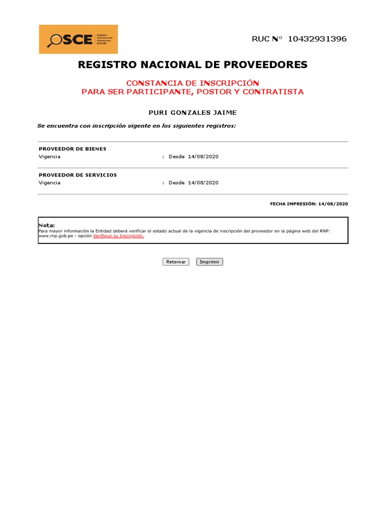 Registro Nacional De Proveedores Constancia