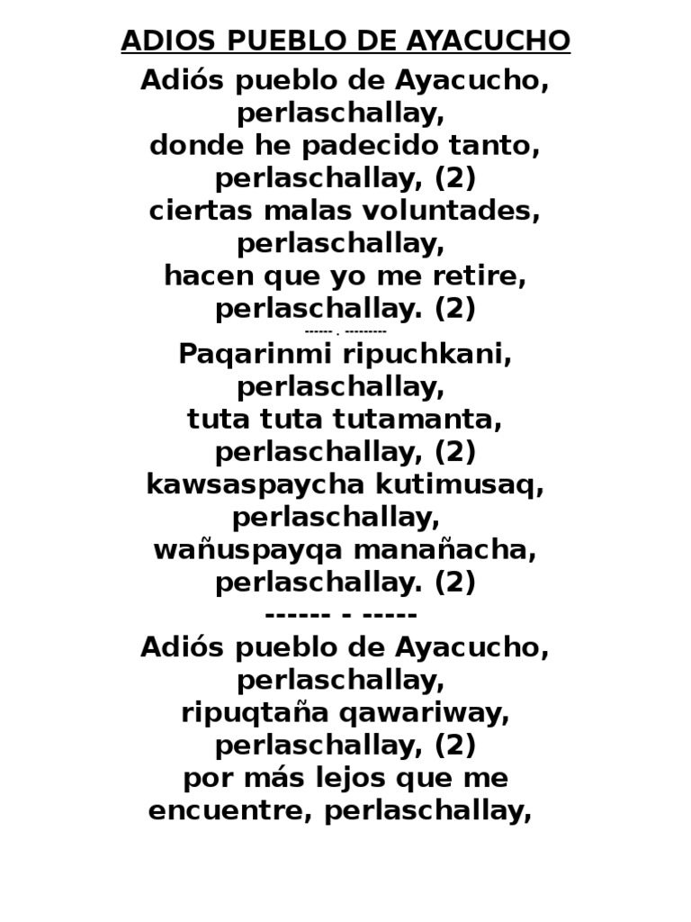 Adios Pueblo De Ayacucho Letra Lyrics
