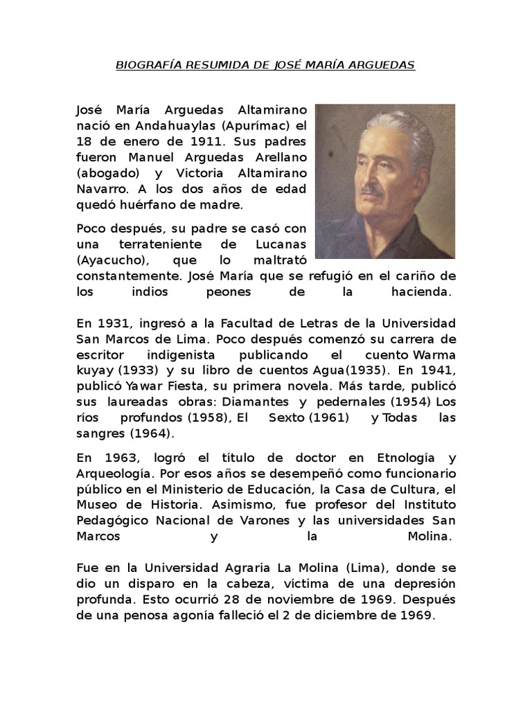 Biografía De José María Arguedas Resumen Corto Pdf