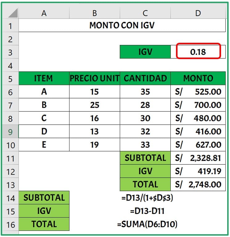 Como Sacar El IGV En Excel