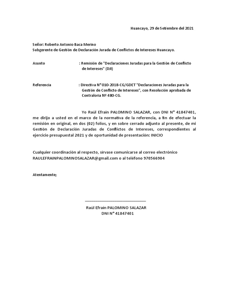 Declaración Jurada De Conflicto De Intereses Contraloría