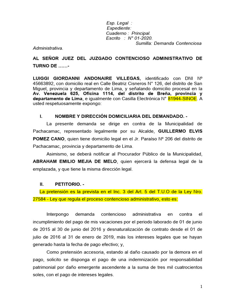 Demanda De Proceso Contencioso Administrativo