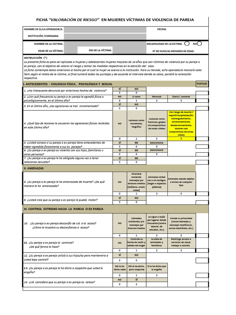 Ficha De Valoración De Riesgo Para Mujeres Actualizada