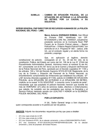 Modelo De Solicitud De Pase A Retiro De La PNP