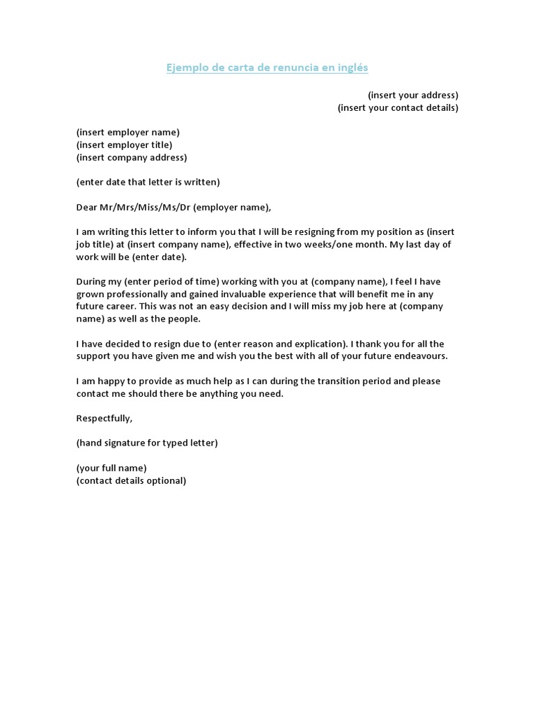 Carta De Renuncia 2 Semanas En Inglés