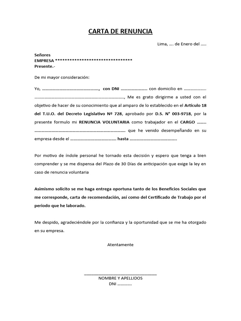 Modelo De Carta De Renuncia Word 2024