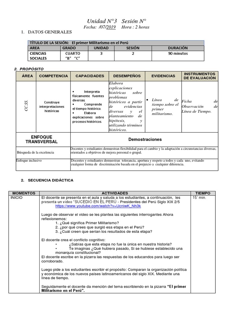 Sesión De Aprendizaje Sobre El Primer Militarismo En El Perú